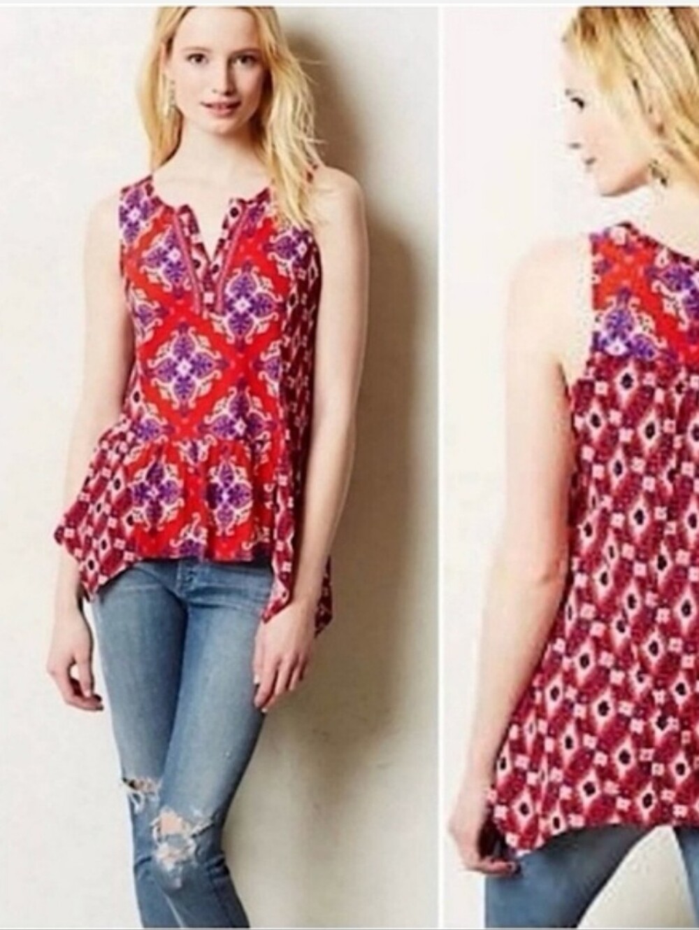 Akemi + Kin Galapa Boho Ruffle Sleeveless Red Patterned Peplum Top Anthro Summer